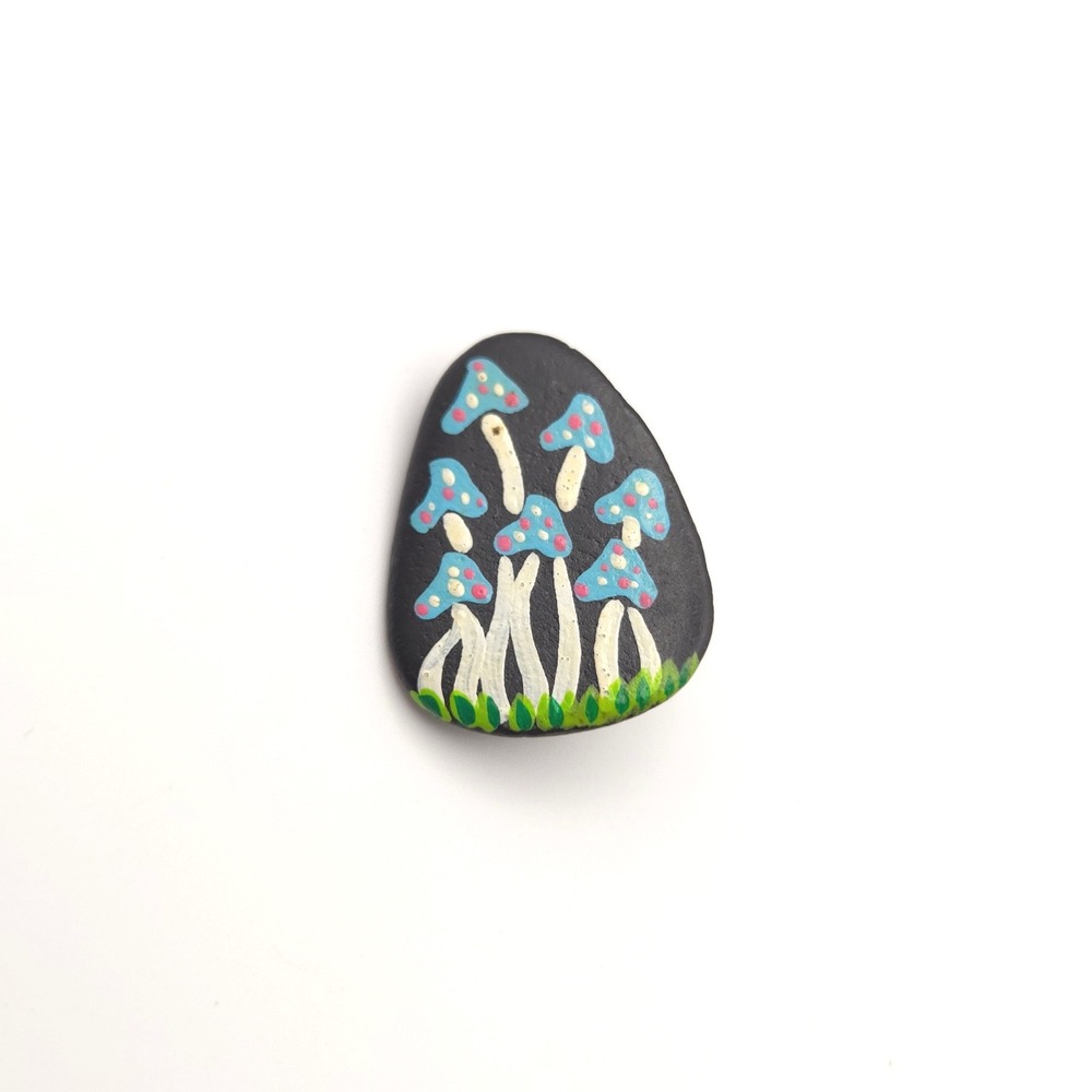 Hand Painted Mushroom Stone Brooch Blue Toadstool Nature Pin Artisan‎ Accessory